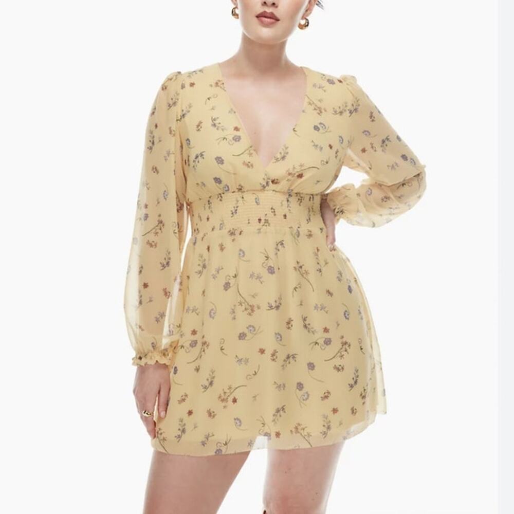 Aritzia Wilfred Wistful Yellow Floral Long-Sleeve Babydoll Mini Dress M
